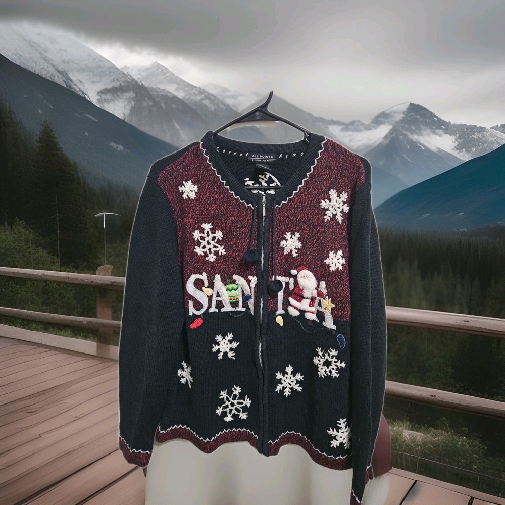 Vintage All Points Womens Sweater   Christmas Holiday Santa Snowflake Zip‎ XL